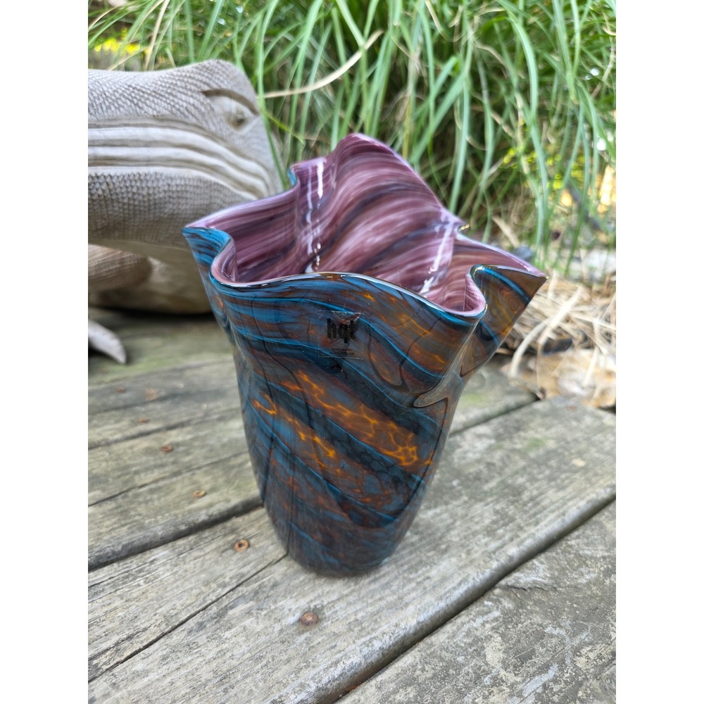 HGT Home Design Art Glass Handkerchief‎ Vase Blue Purple Swirl Ruffled Rim 10in